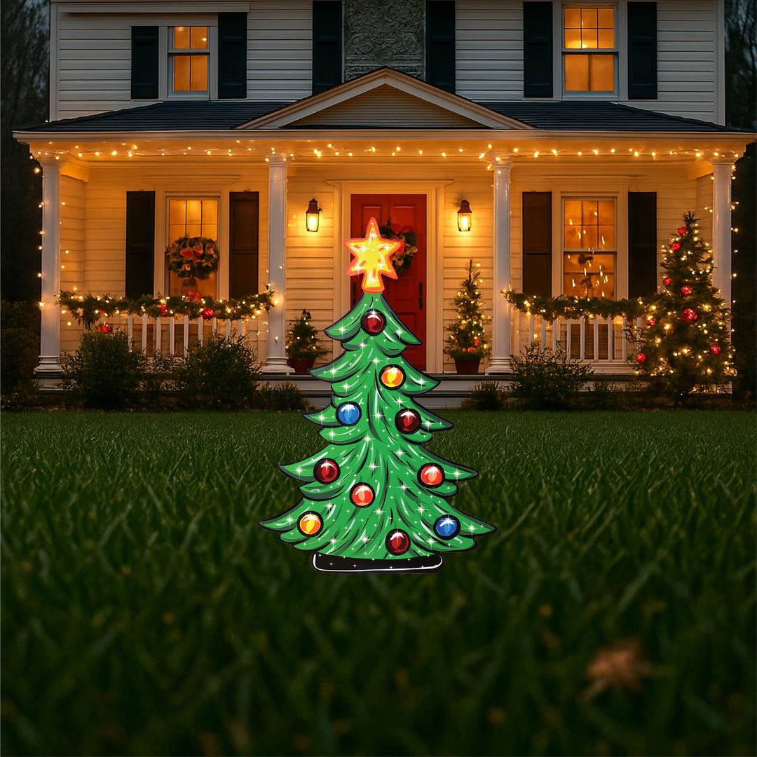 Small Christmas Tree Without Lights and Christmas Presents Yard Art