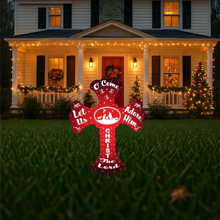 Christmas Yard Art Cross with White Silhouette Glittered Nativity Graphics