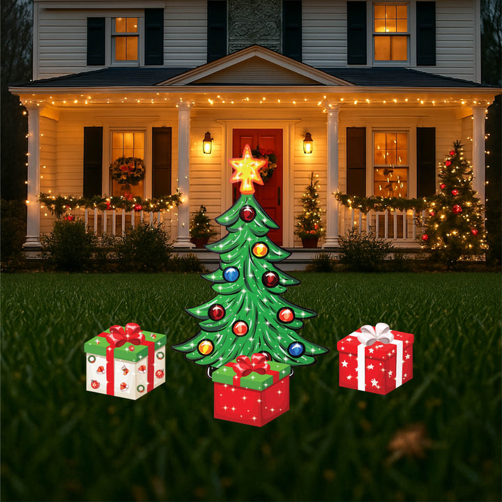 Small Christmas Tree Without Lights and Christmas Presents Yard Art