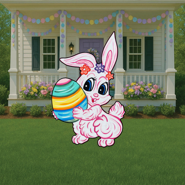 White Smiling Bunny Holds Egg Yard Art Decoration