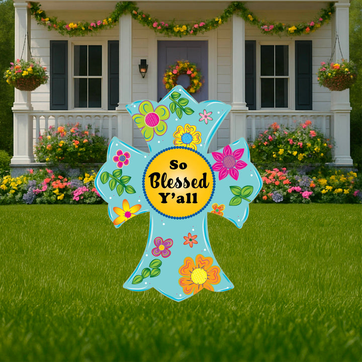 Blue Whimsical So Blessed Y'all Cross