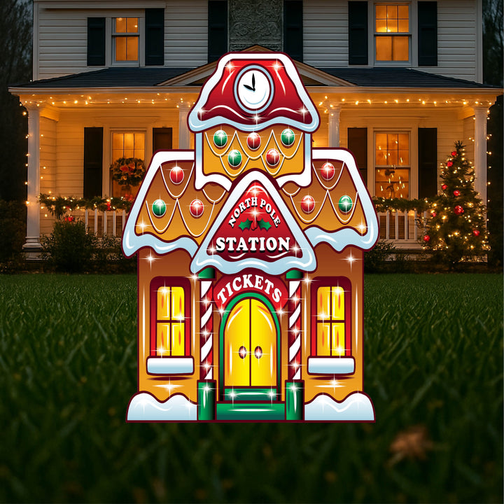 Lighted Ginger Bread Train Station Yard Art