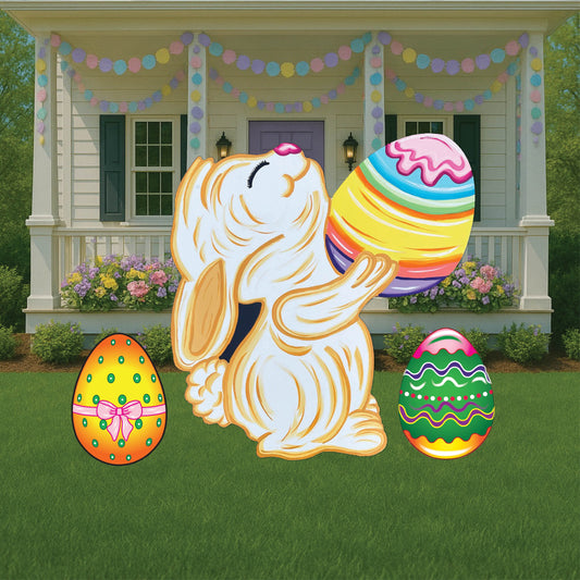 Sweet Smiling Easter Bunny with Colorful Egg Outdoor Decoration