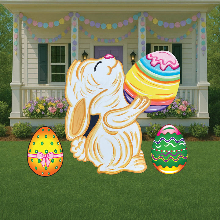 Sweet Smiling Easter Bunny with Colorful Egg Outdoor Decoration