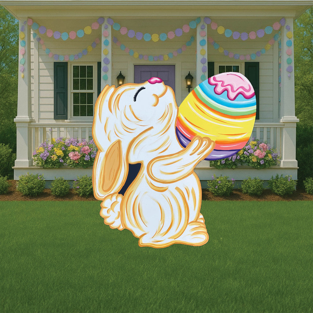 Sweet Smiling Easter Bunny with Colorful Egg Outdoor Decoration