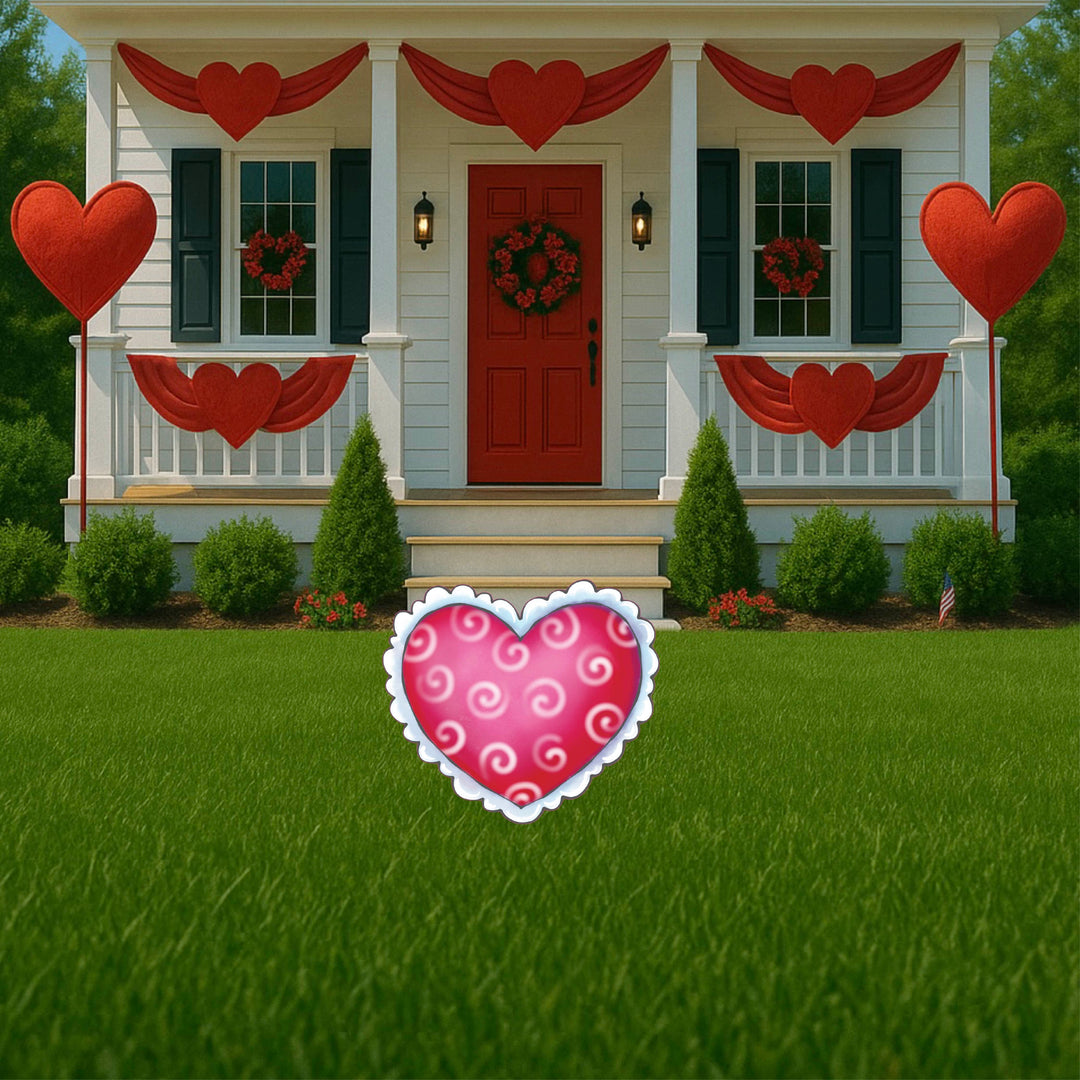 Polka Dot, Checks, and Swirls Valentines Heart With Lace Yard Signs