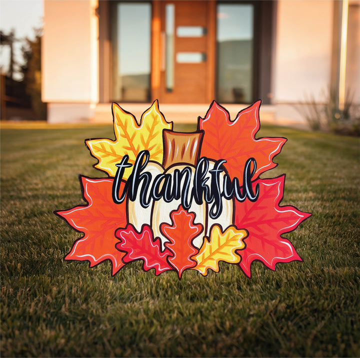 Fall Thankful Pumpkin with Leaves  Yard Art Sign