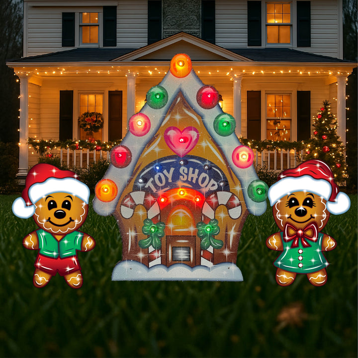 Christmas Yard Art Gingerbread Toy Shop House with kids