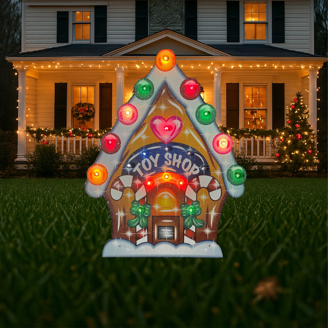 Christmas Yard Art Gingerbread Toy Shop House with kids
