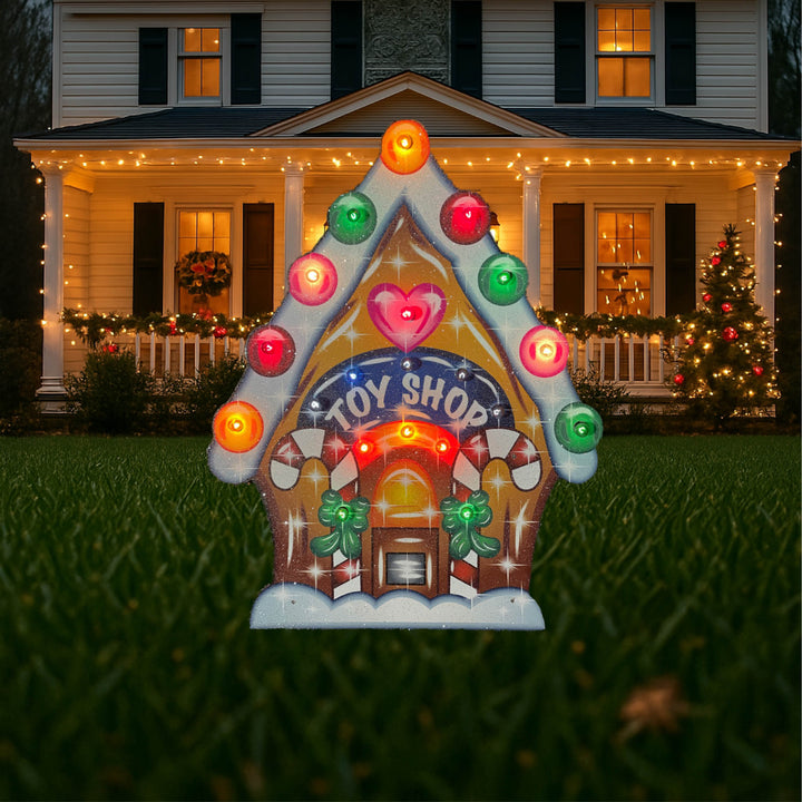 Christmas Yard Art Gingerbread Toy Shop House with kids