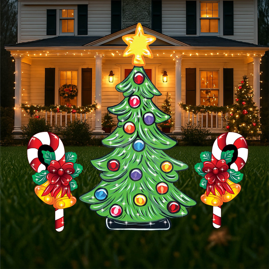 Christmas Yard Sign Set – Outdoor Christmas Tree with Candy Canes and Gift Boxes | Wood Holiday Decorations for Lawn or Garden