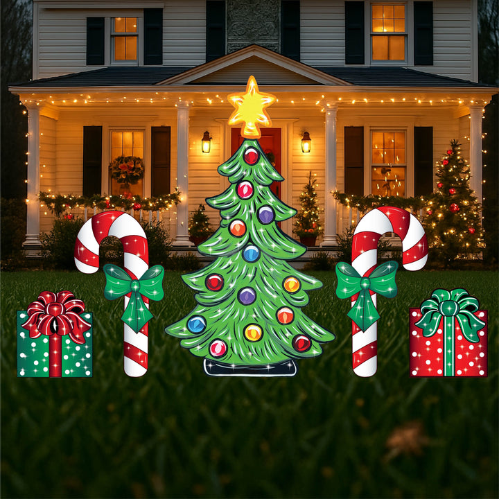 Christmas Yard Sign Set – Outdoor Christmas Tree with Candy Canes and Gift Boxes | Wood Holiday Decorations for Lawn or Garden