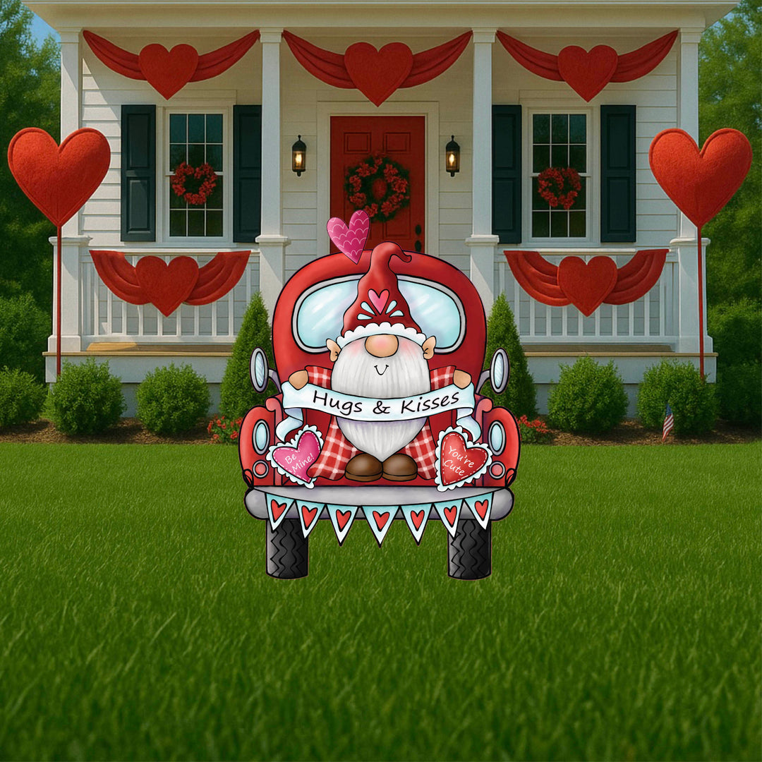 Valentines Gnome Truck Yard Sign and red Valentine's hearts Signs