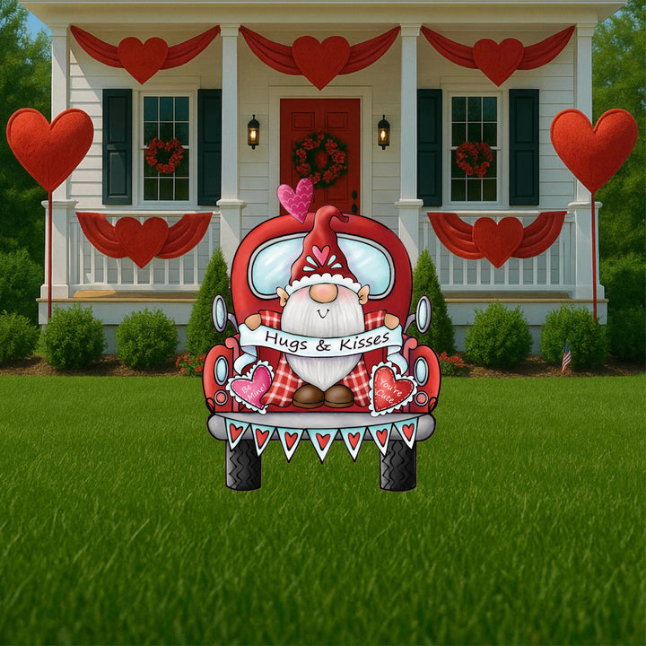 Valentines Gnome Truck Yard Sign and red Valentine's hearts Signs