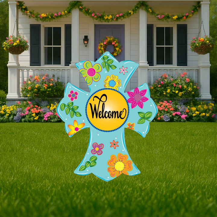 Blue Whimsical Welcome Cross
