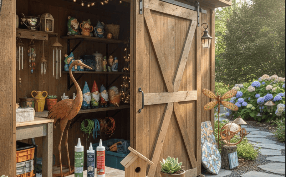 Wooden shed with garden decor, including gnomes, wind chimes, and a birdhouse.