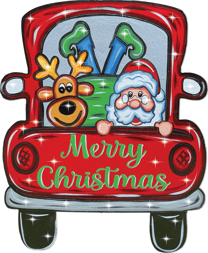 Back of Red Truck with Santa, Rudolph, and an Elf Christmas Yard Art