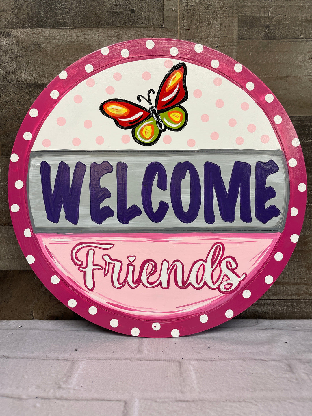 Butterfly Welcome Round Sign with a Pole