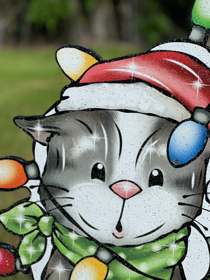 Christmas Kitty Cat wrapped in lights Yard Decoration