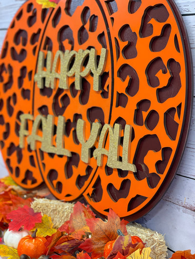 Happy Fall Y'all Leopard Print Pumpkin Shelf Sitter Halloween Decor