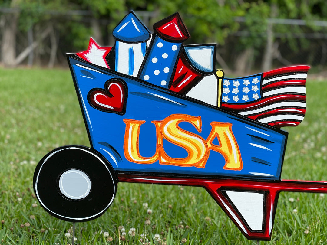 Fire cracker USA wheel barrow yard art decoration