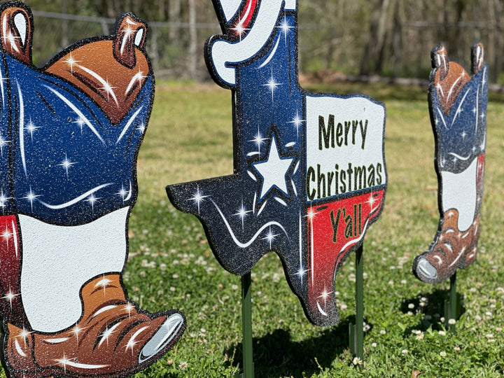 Merry Christmas State of Texas with Cowboy boots Outdoor Decor