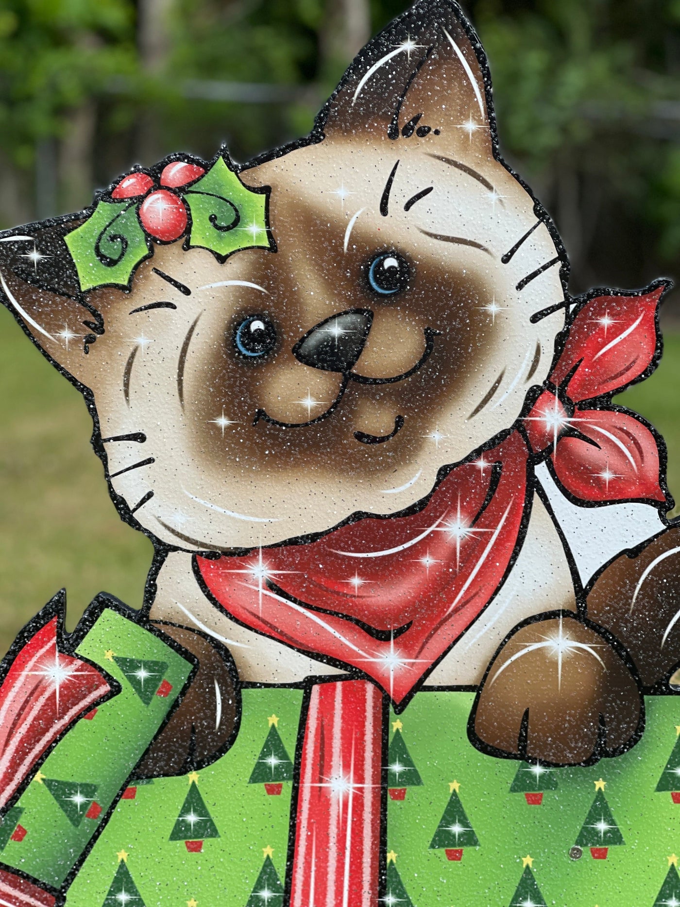 Christmas Smiling Kitty in Christmas box Yard Art