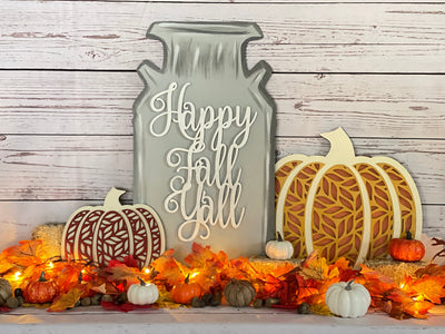 Happy Fall Y'all Milk Can with two scrolled pumpkins Fall Decoration