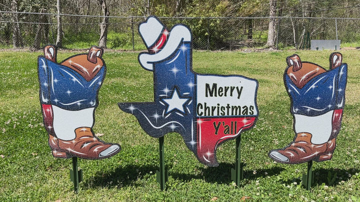 Merry Christmas State of Texas with Cowboy boots Outdoor Decor