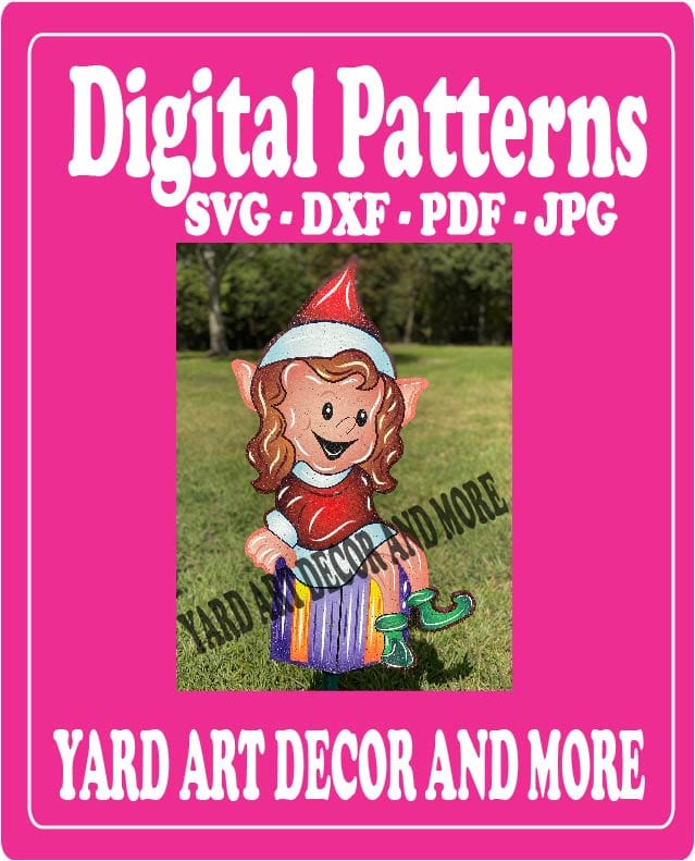 Christmas Girl Elf #3 Sits on a Present Yard Art Digital Template