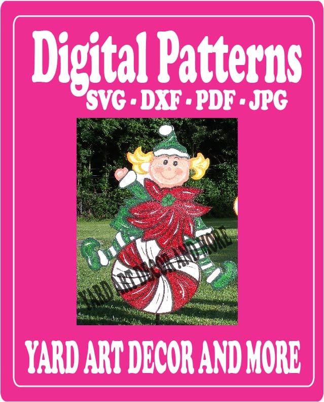Christmas Girl Elf Sits on Peppermint Yard Art Digital Template