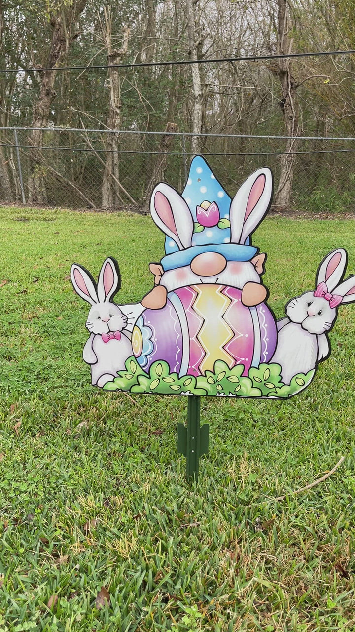 Gnome and Bunnies Yard Sign Outdoor Decoration