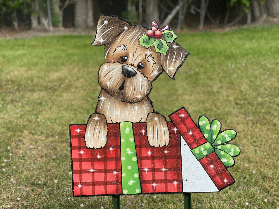 Christmas Dog climbs out of Christmas Gift Box Yard Art Decoration