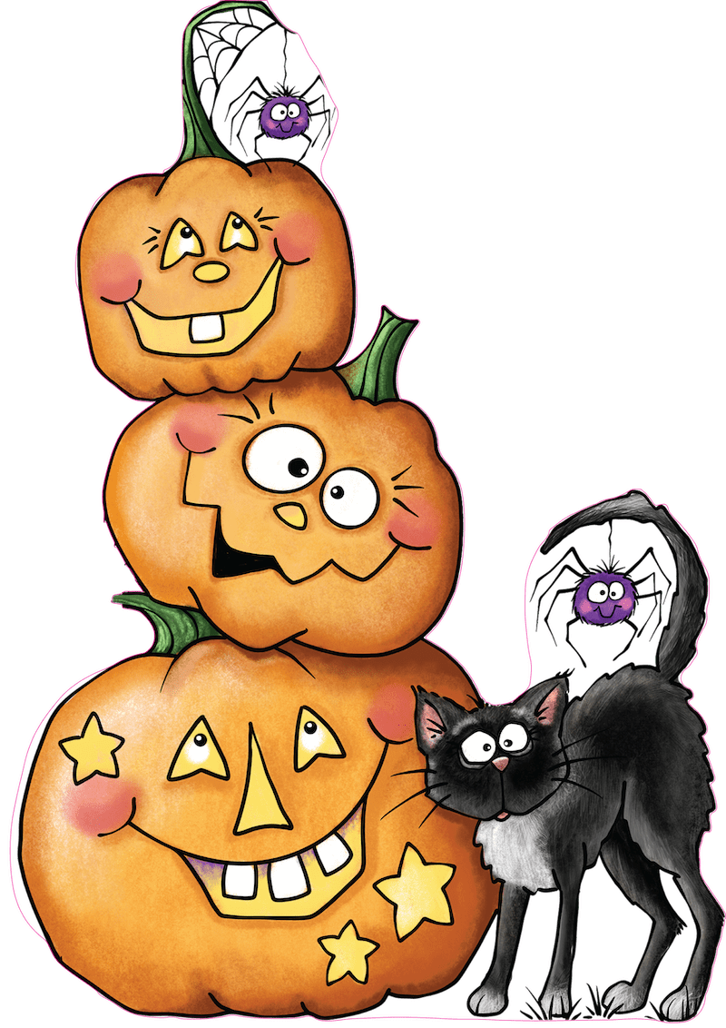 Three Smiling Pumpkins with Black Cat and Two Spiders Yard Art Decoration
