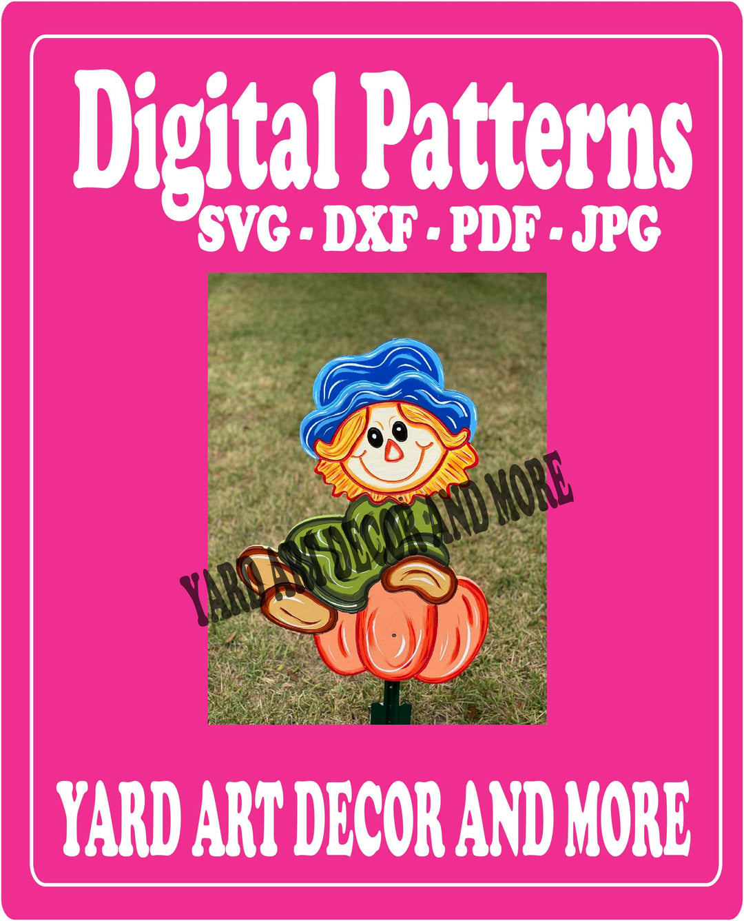 Fall Scarecrow Sits on Pumpkin Yard Decoration Digital Template