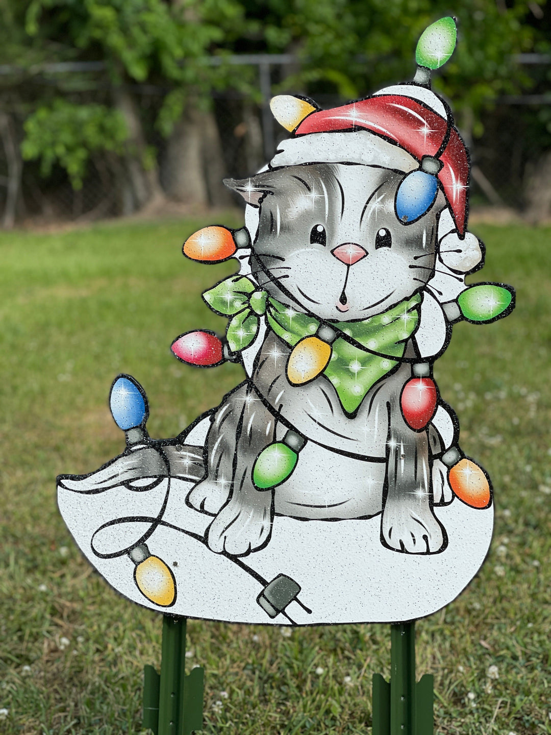 Christmas Kitty Cat wrapped in lights Yard Decoration