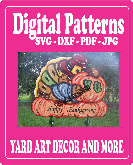 Thanksgiving Turkey peeking around pumpkin yard art decor digital template