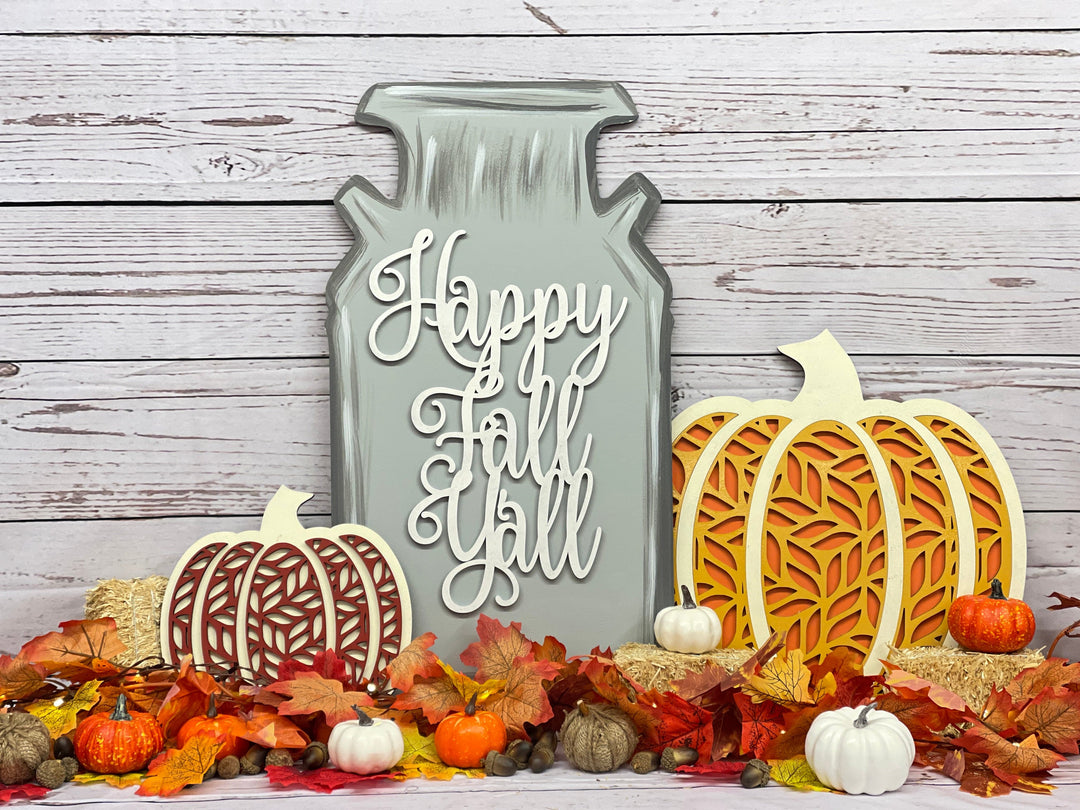 Happy Fall Y'all Milk Can with two scrolled pumpkins Fall Decoration