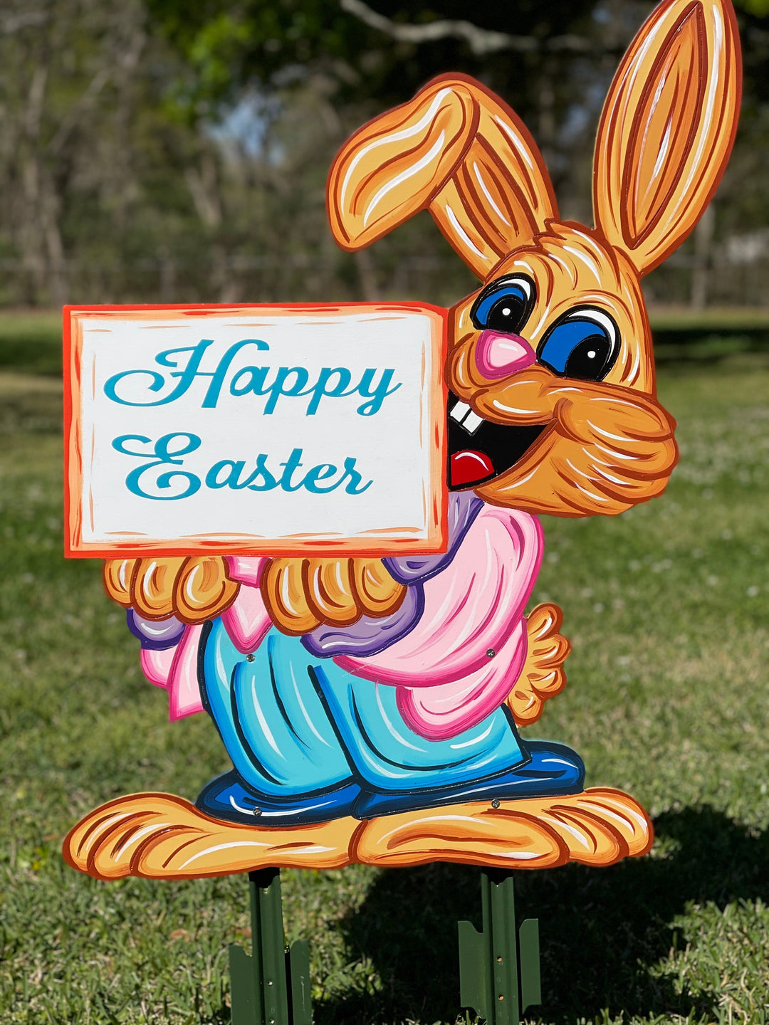Brown Smiling Bunny Holds Happy Easter Sign Yard Art Decoration