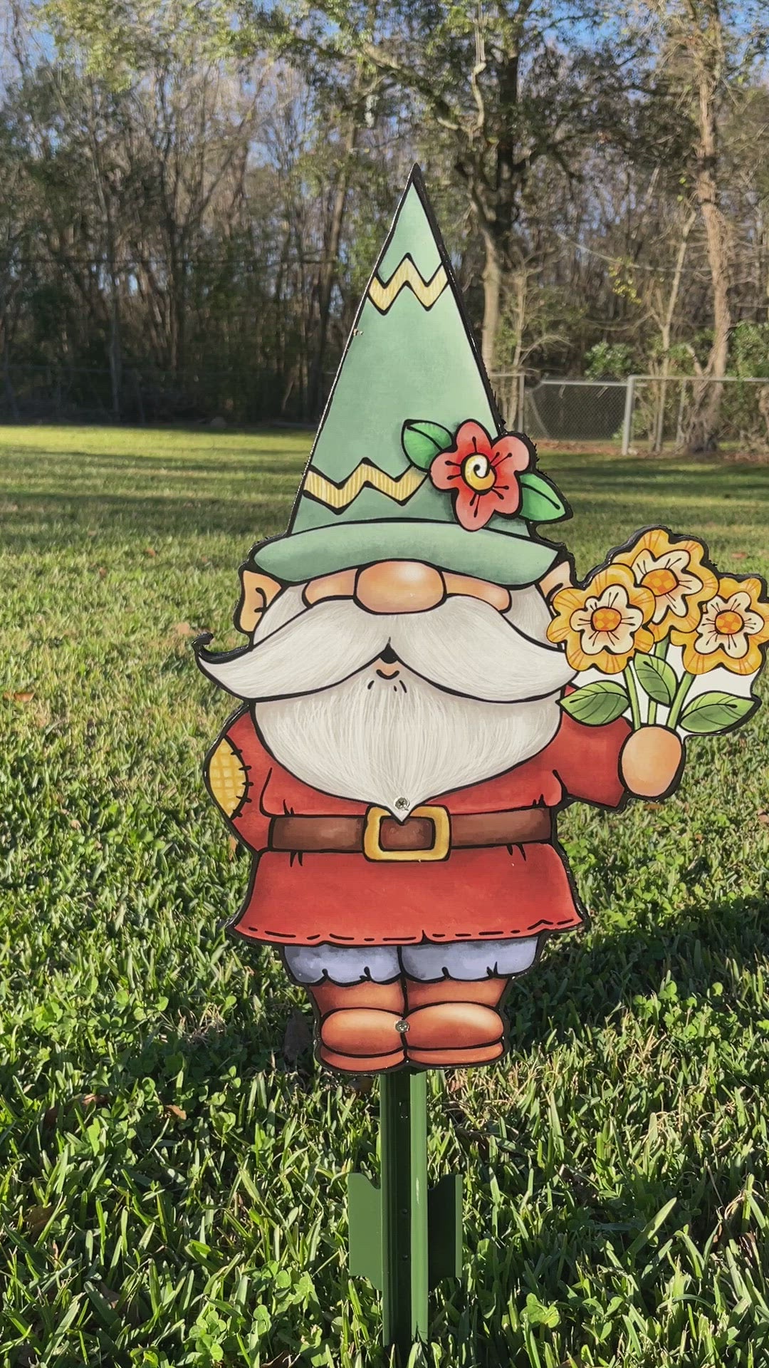 Gnome Holds Yellow Flowers Sign Outdoor Decoration