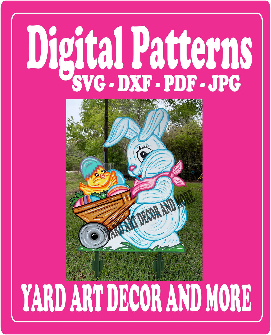 Easter bunny pushes cart with chick yard art decor digital template