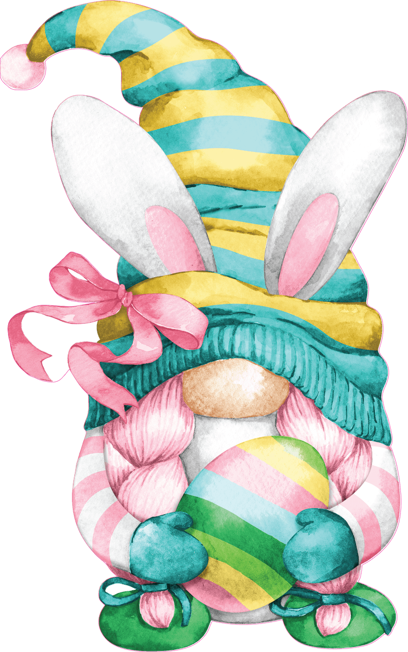 Easter Gnome holds Multicolored Striped Egg with Bunny Ears Outdoor Decoration
