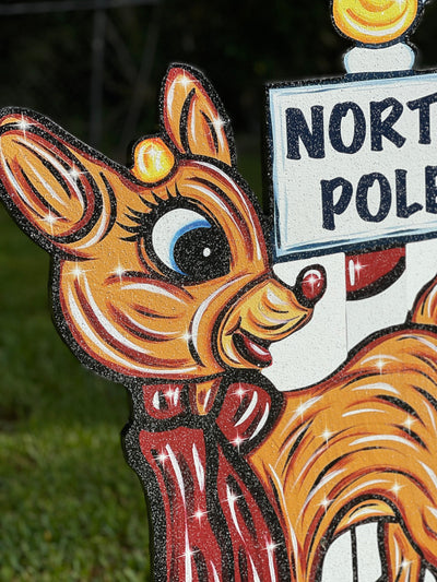 Christmas Rudolph Reindeer with North Pole Sign Yard Decor
