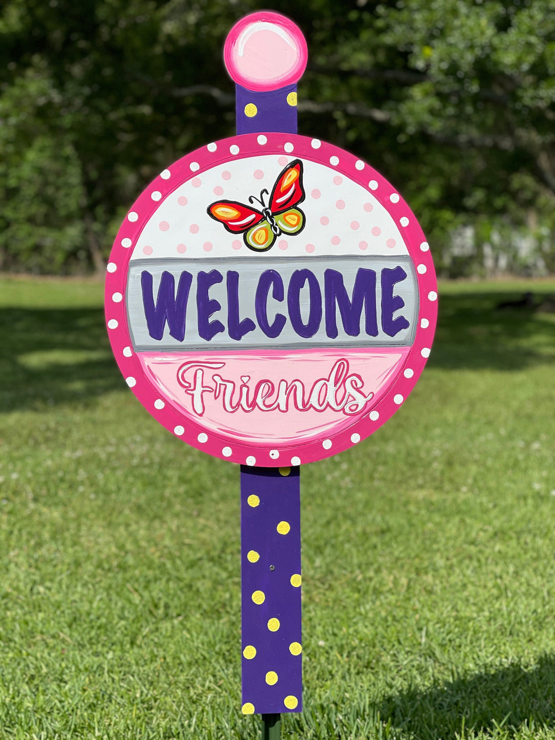 Butterfly Welcome Round Sign with a Pole