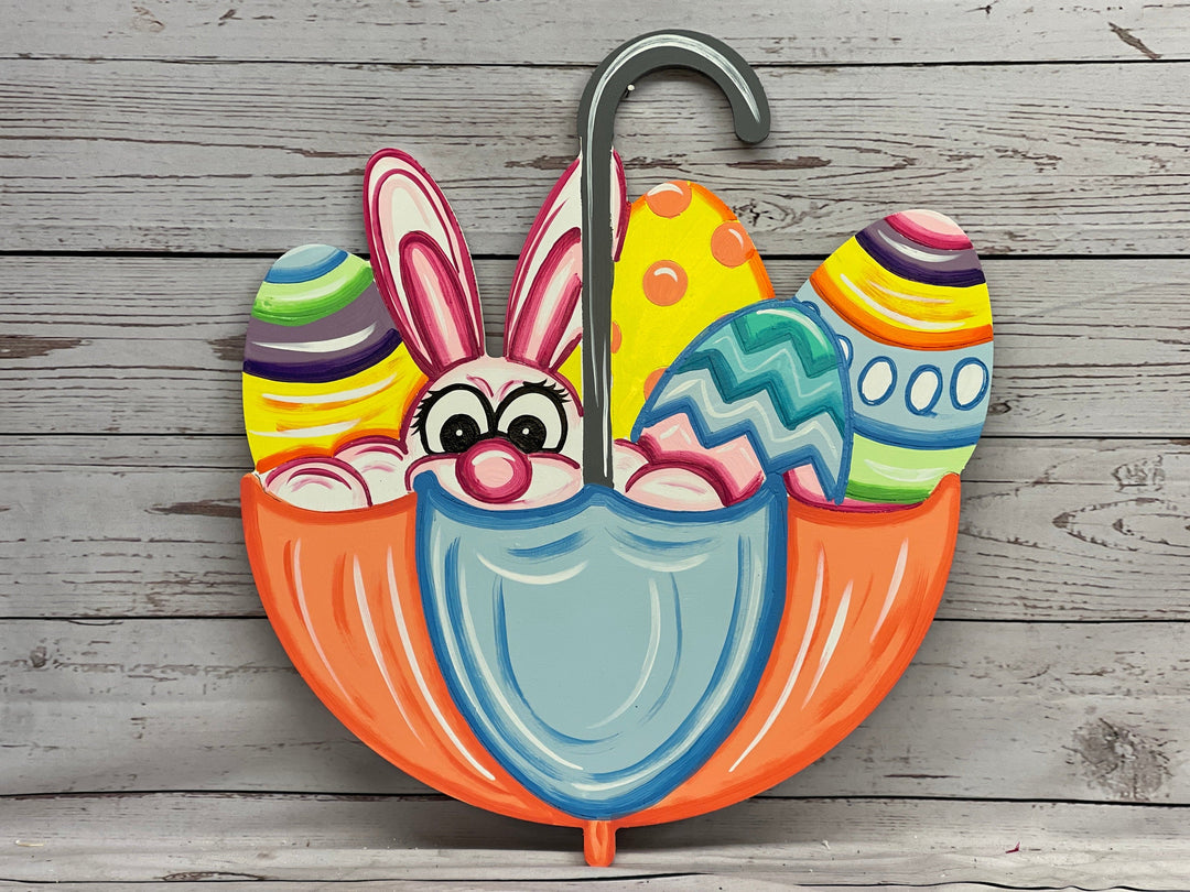 Easter Bunny in Umbrella with Eggs Yard Art