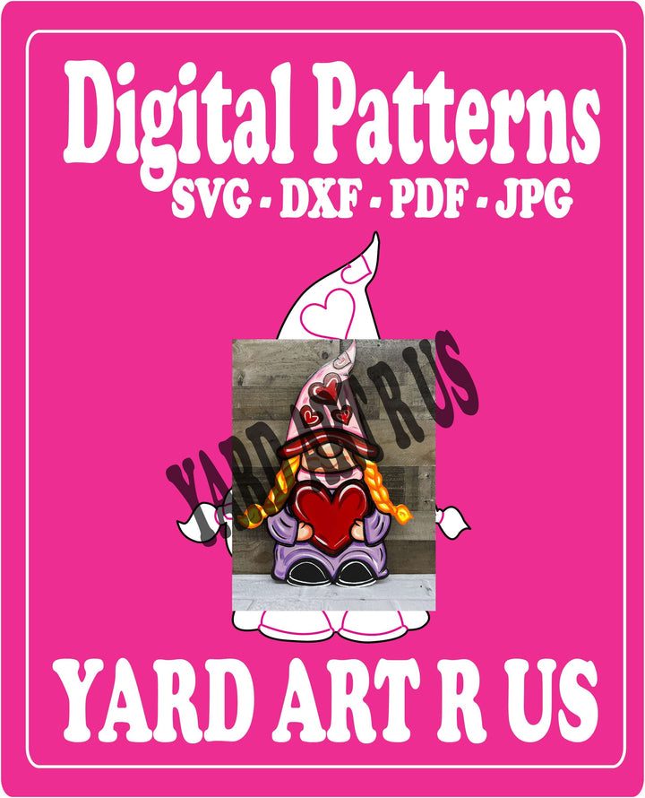 Girl Gnome Holds Heart Valentines Digital Template - SVG - DXF - PDF - JPG Files