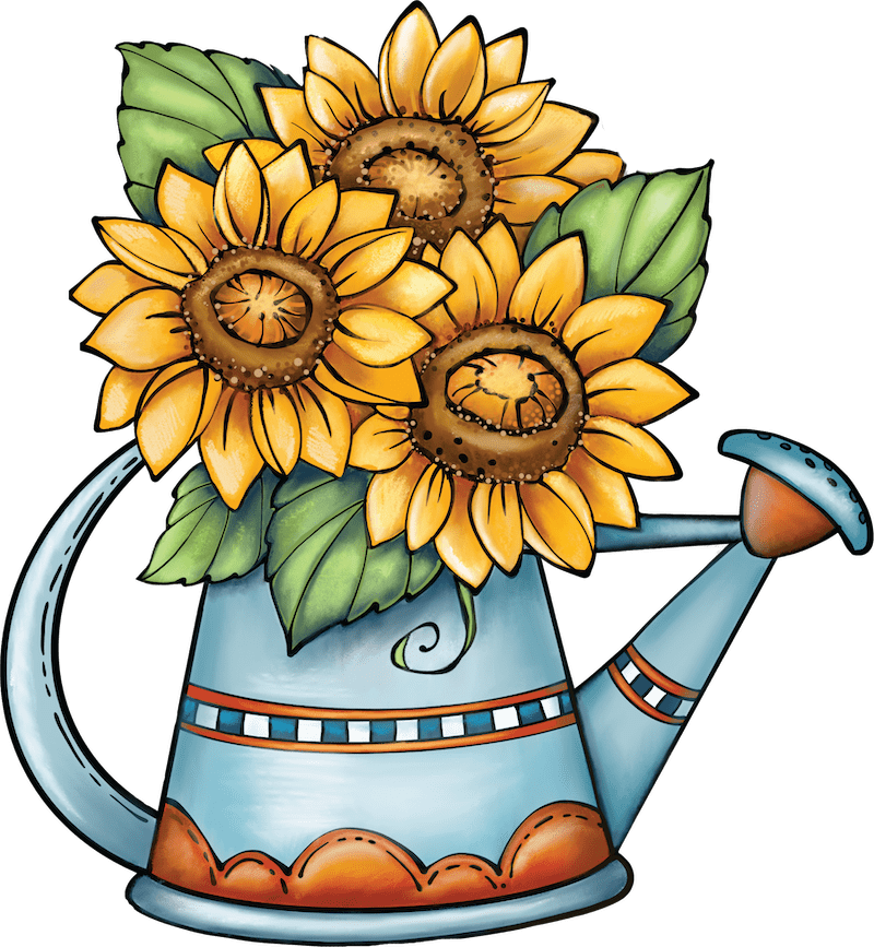 Sunflower with Leaves In Blue Watering Can Sign Outdoor Decoration
