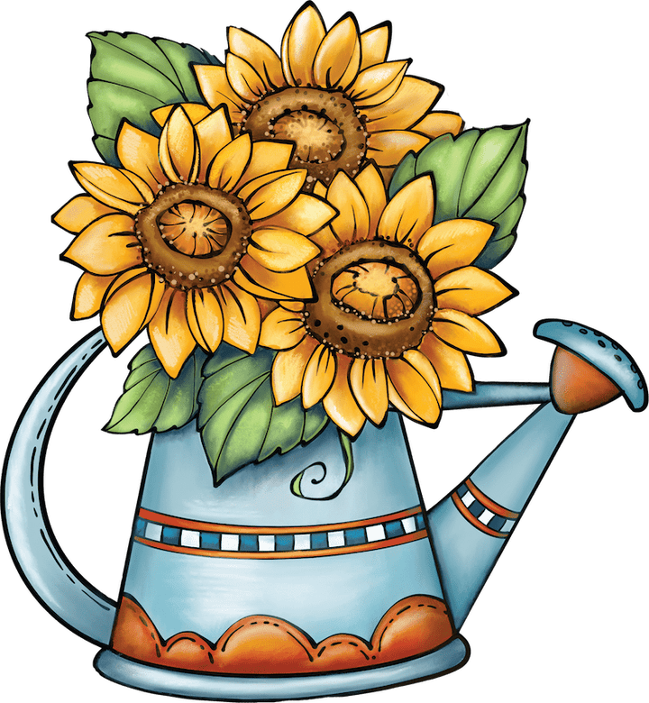 Sunflower with Leaves In Blue Watering Can Sign Outdoor Decoration