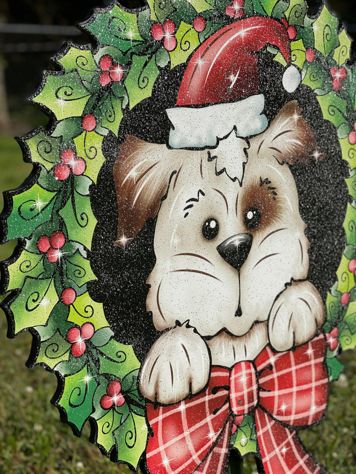 Christmas Puppy in Mistletoe Wreath Yard Decoration