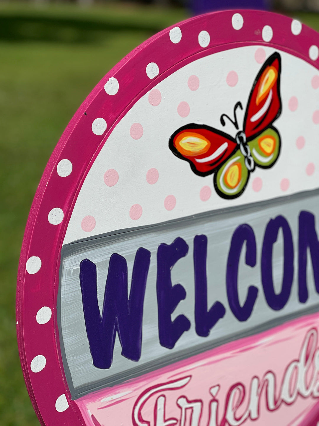 Butterfly Welcome Round Sign with a Pole